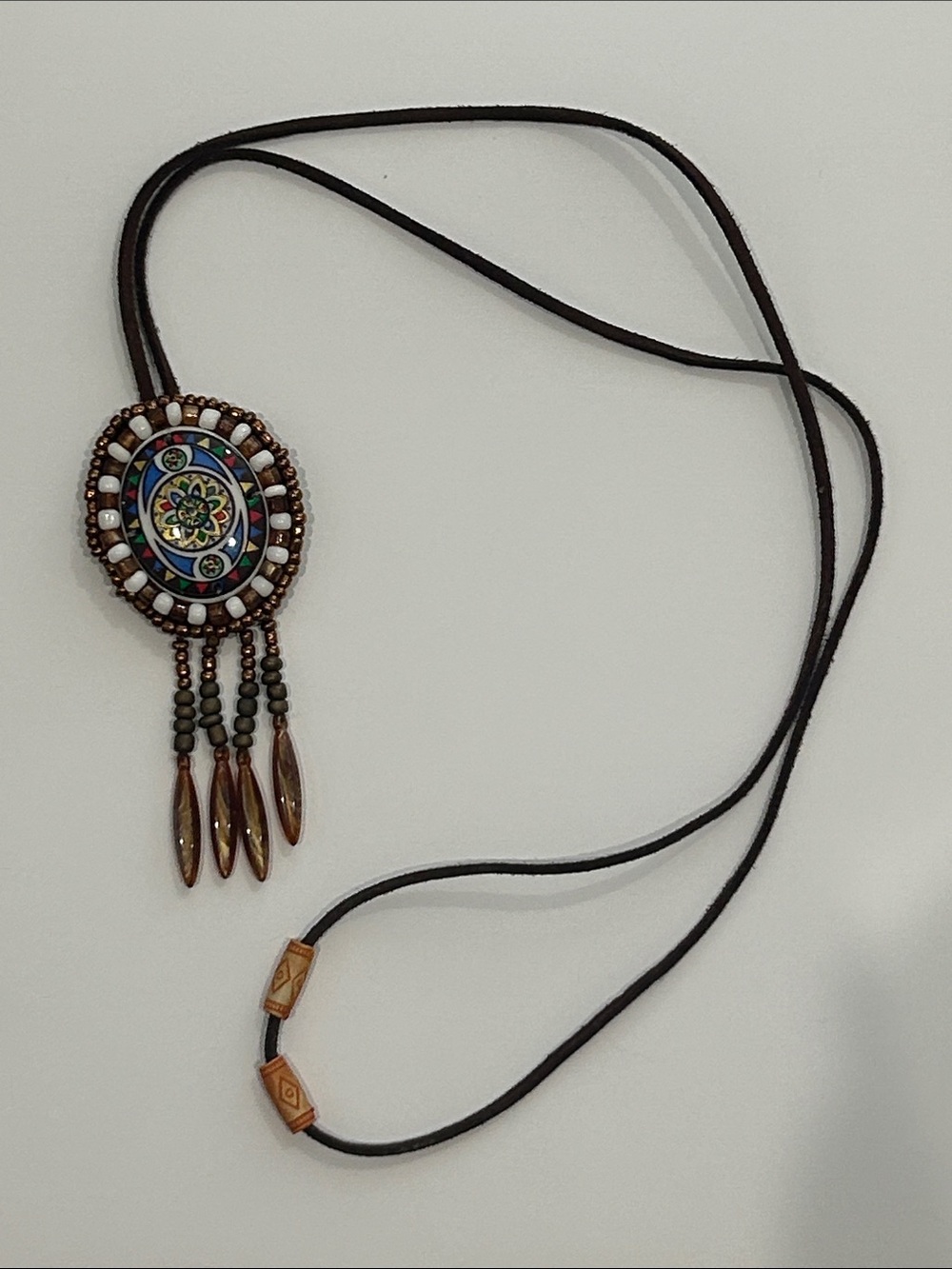 Boho Multicolor Mosaic Pendant Necklace in Brown Cord